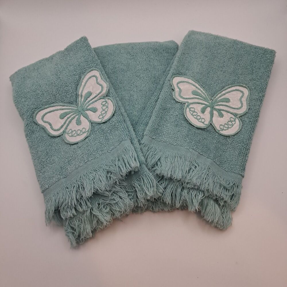 Martex Westpoint Pepperell USA Aqua Hand Towels (3) Butterfly Applique Fringes